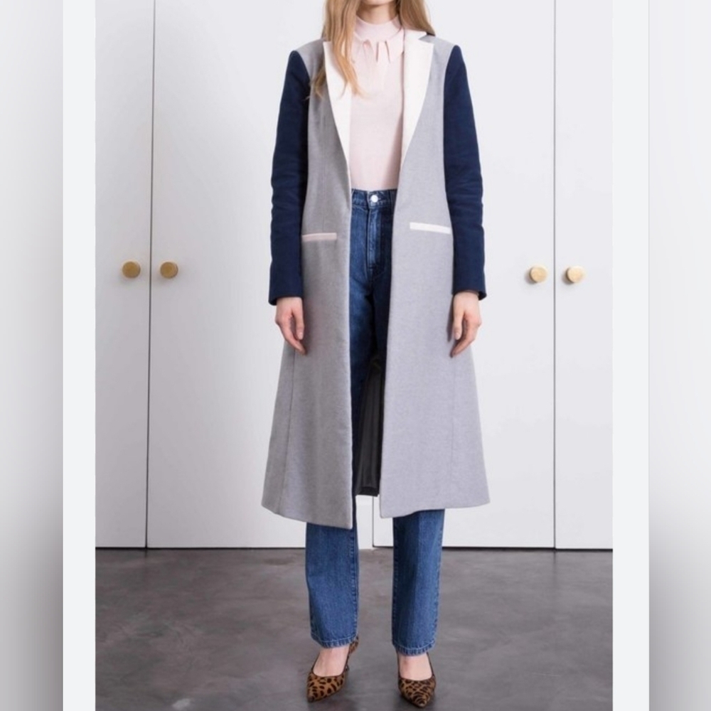 BLDWN Colorblock Long Trench Coat Navy, Crm, Gray - Picture 2 of 9